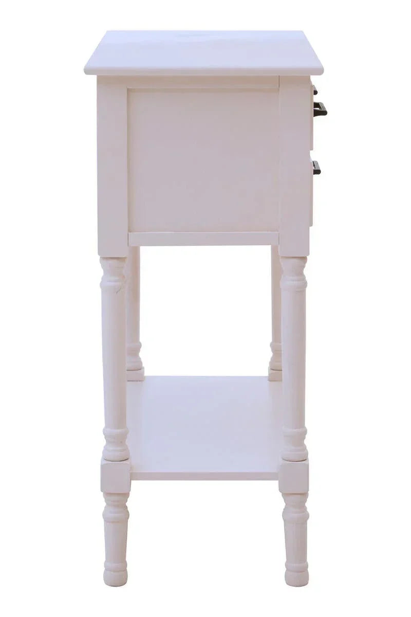 White wooden bedside table with turned legs and lower storage shelf, side view