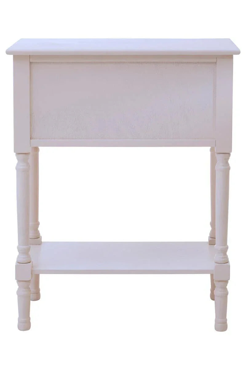 White wooden console table with turned legs and lower shelf, front view