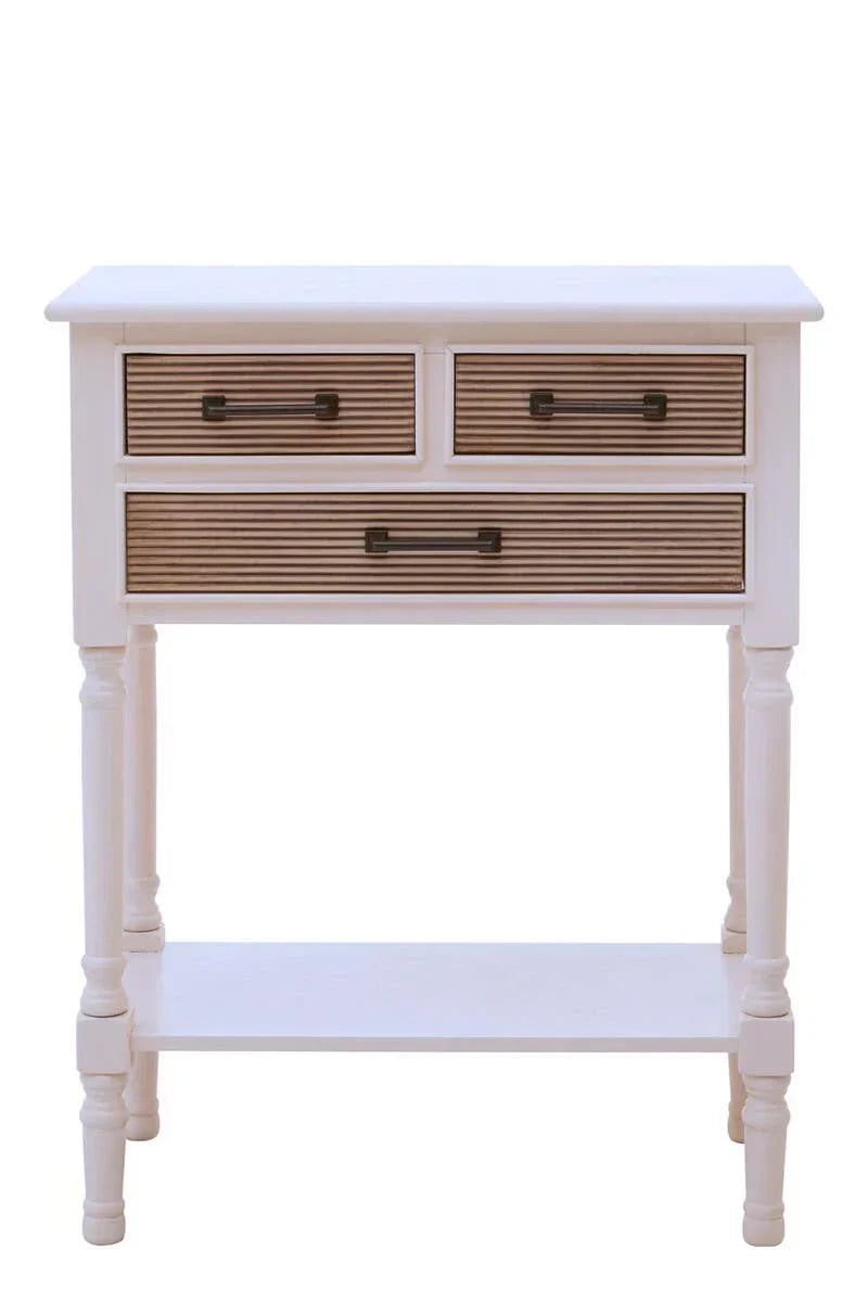 White console table with three ribbed wood drawers, black handles, shelf and turned legs