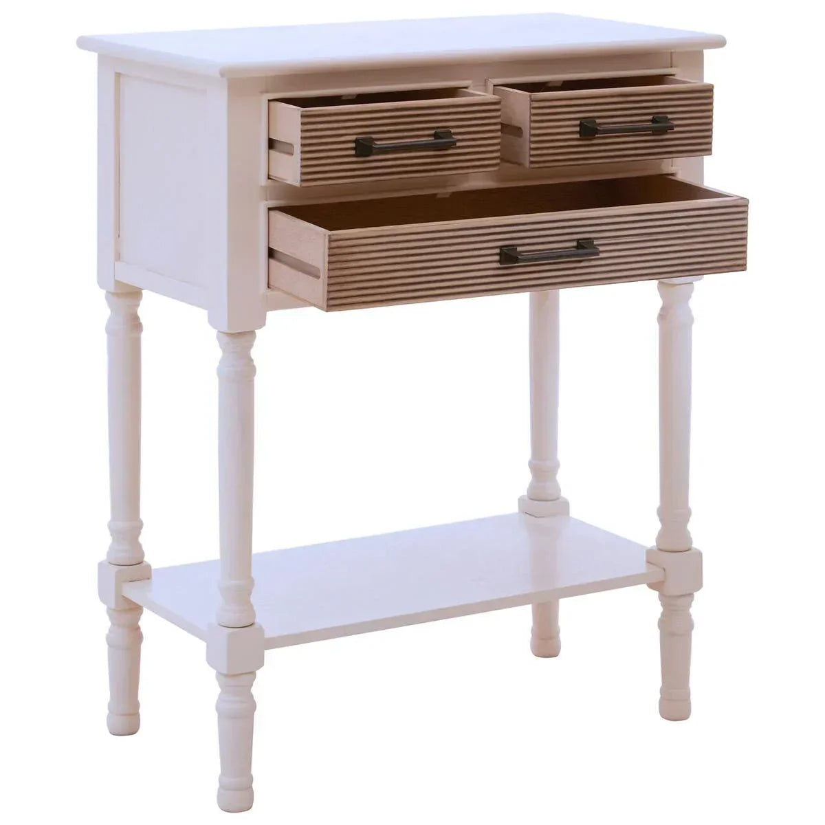 White wooden console table with three open drawers, turned legs and lower shelf