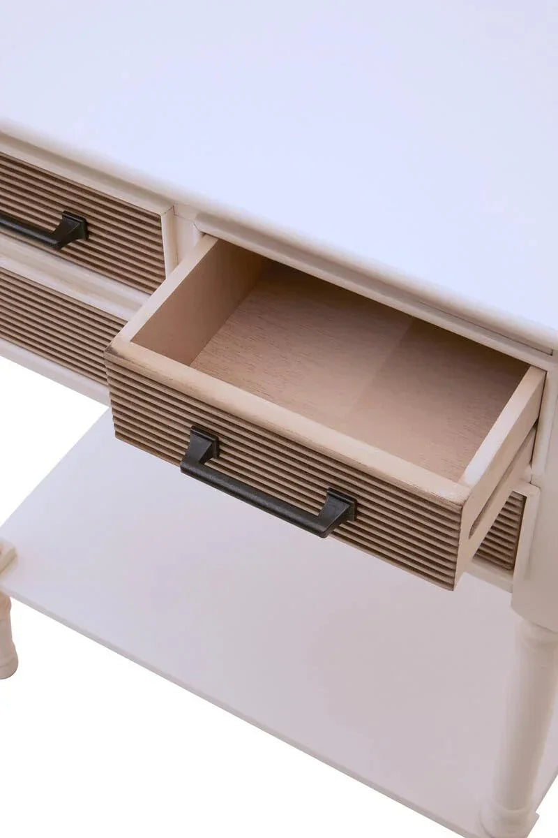 Wooden console table with grooved drawer front and black handle, open drawer view
