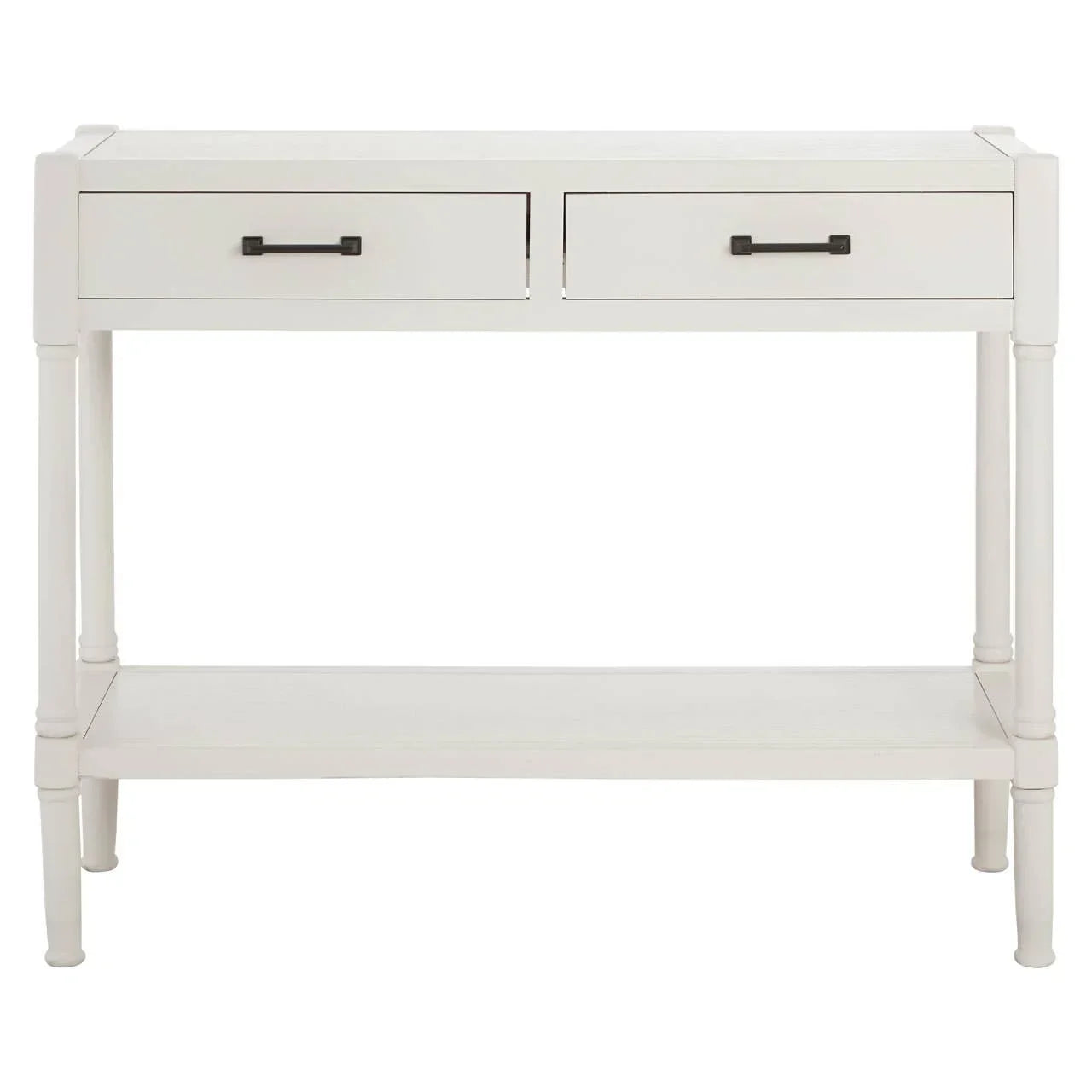 White hallway console table with two drawers and lower shelf, black handles, front view