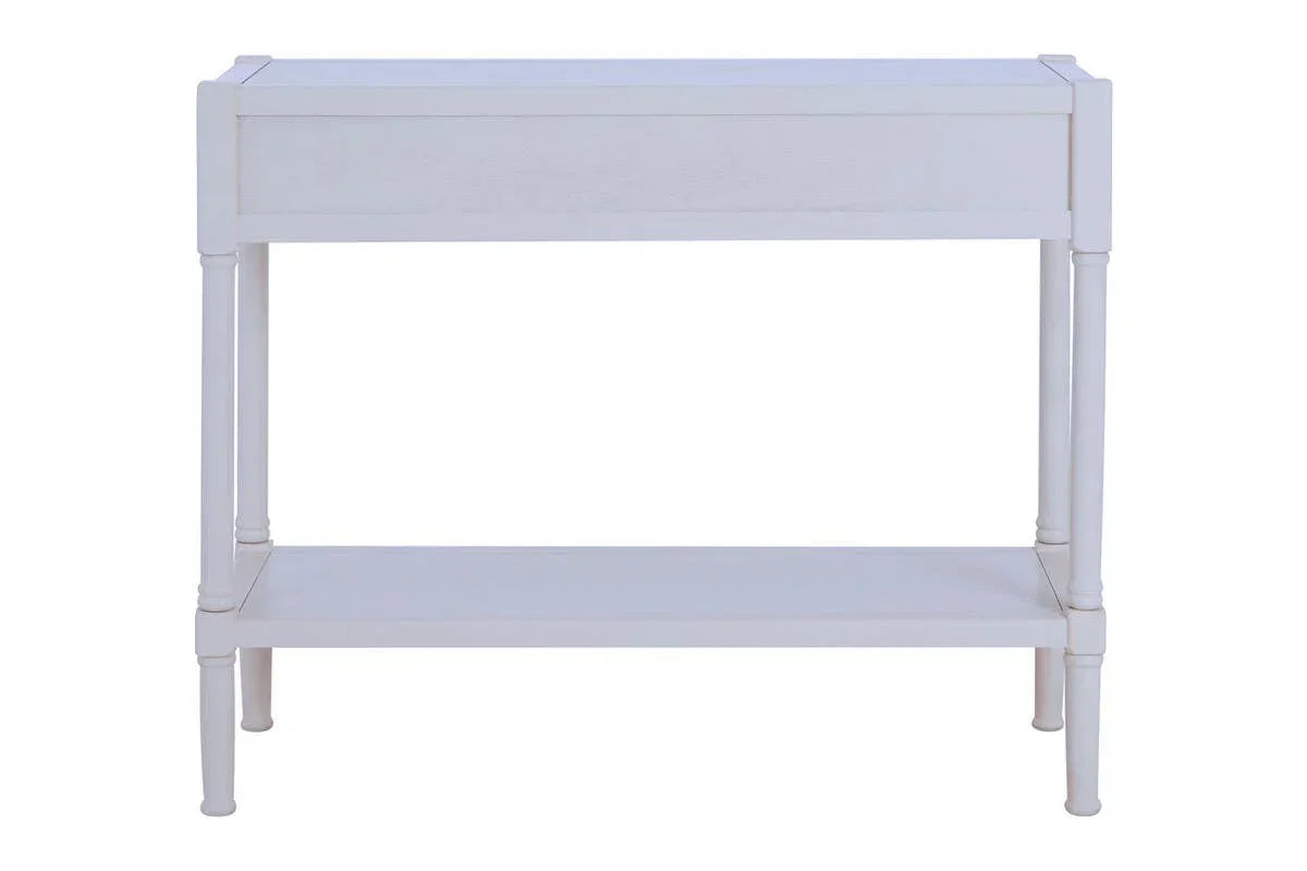 White wooden console table with shelf and four legs, front facing view