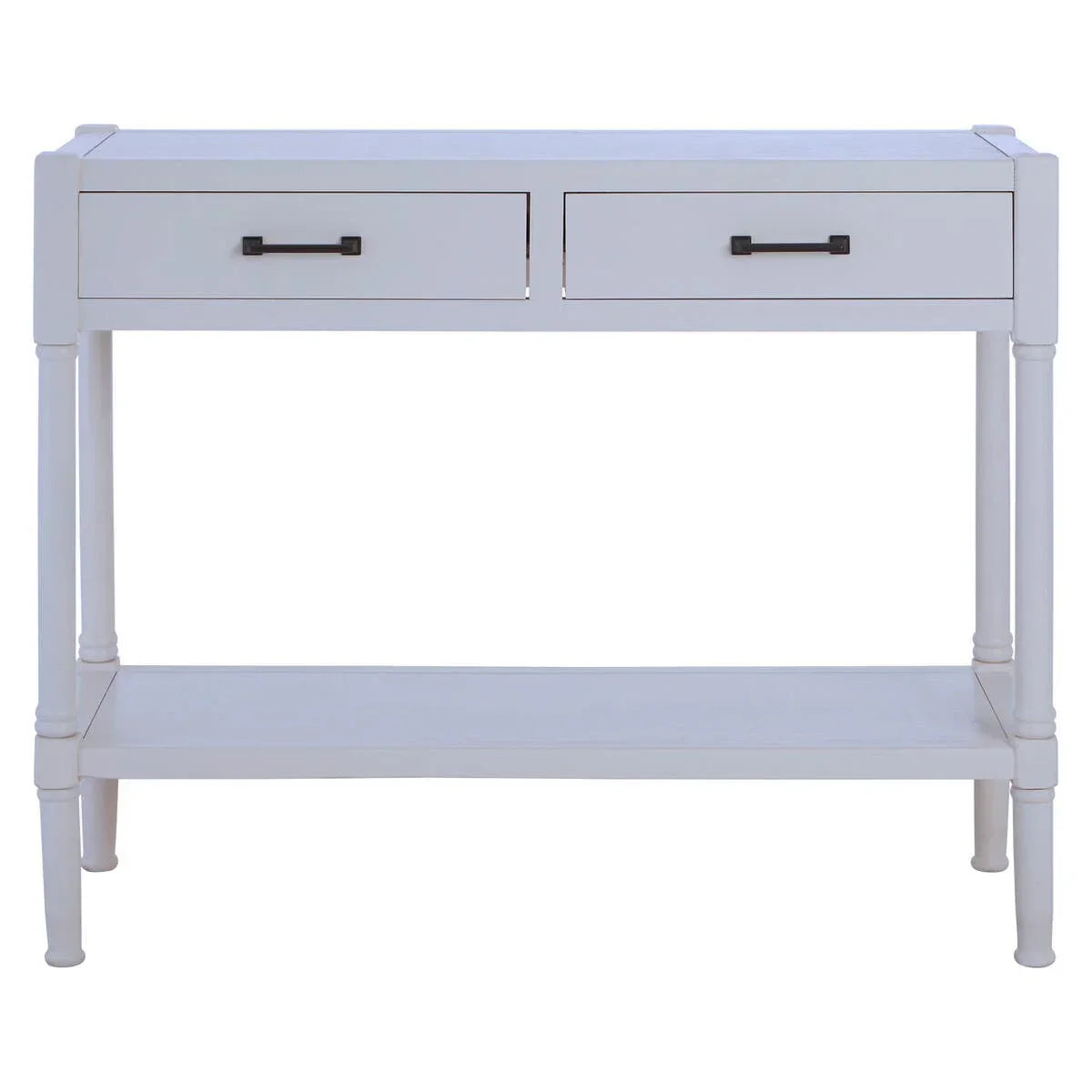 White console table with two drawers and lower shelf, front view