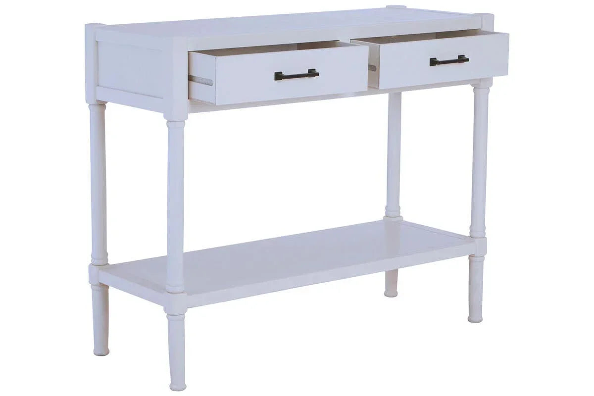 White console table with two open drawers and lower shelf, modern hallway furniture