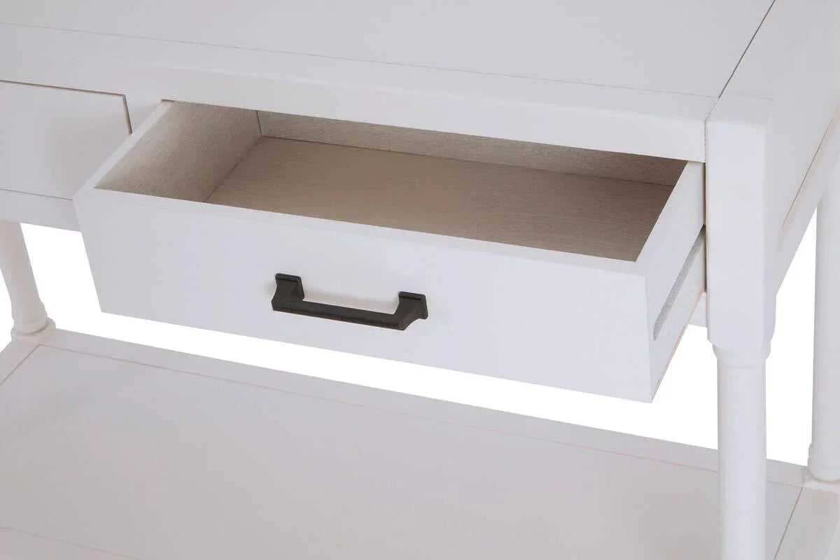 White wooden console table with open drawer and black metal handle