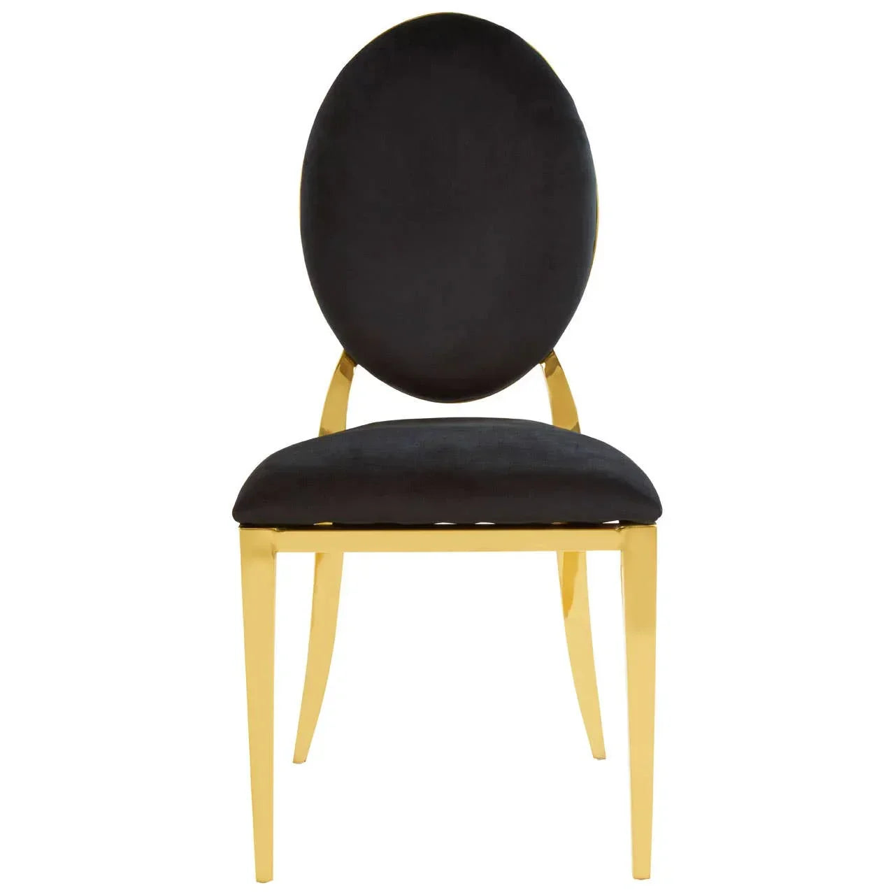 Black velvet dining chair with oval back and gold metal legs, front view