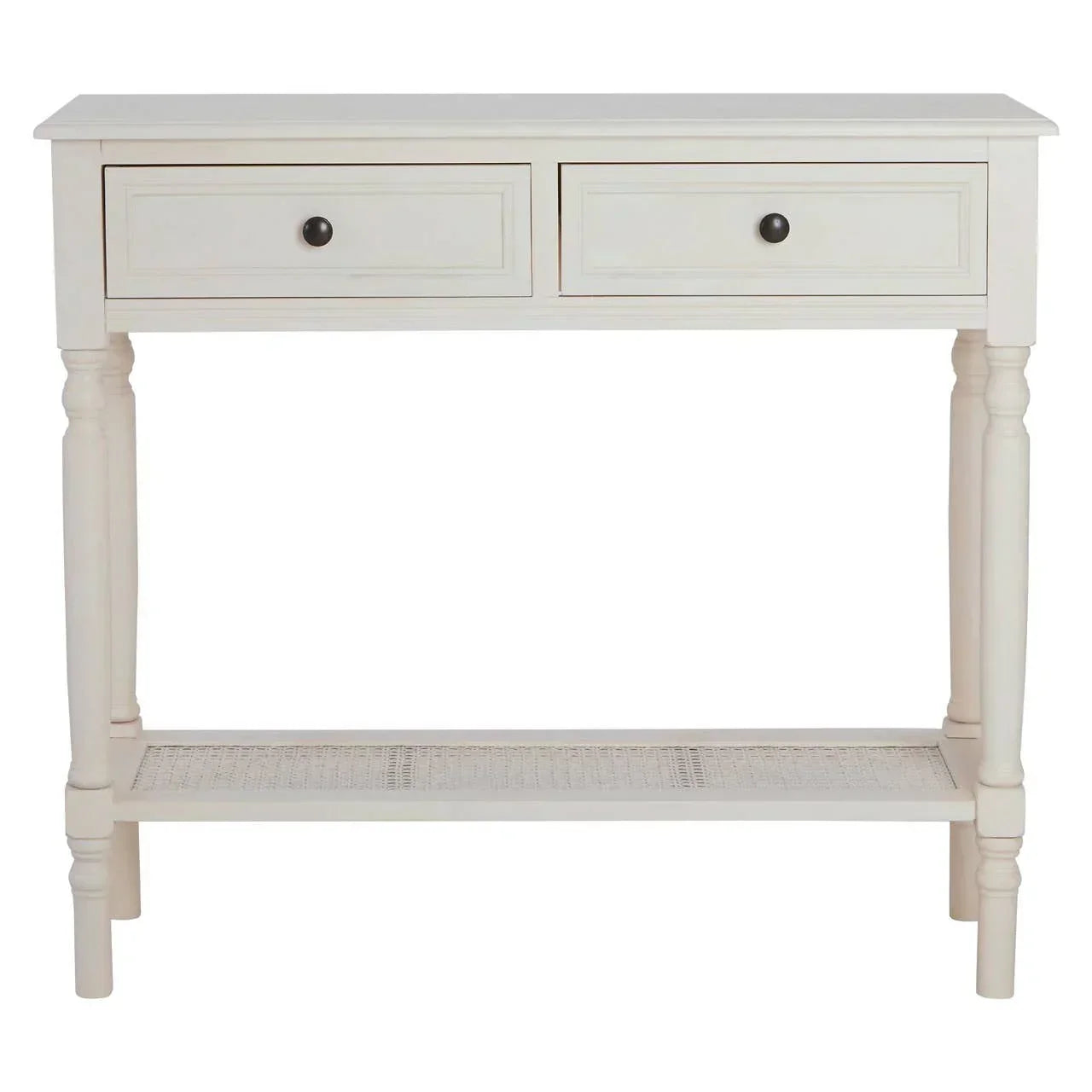 Cream console table with two drawers and lower rattan shelf, front view