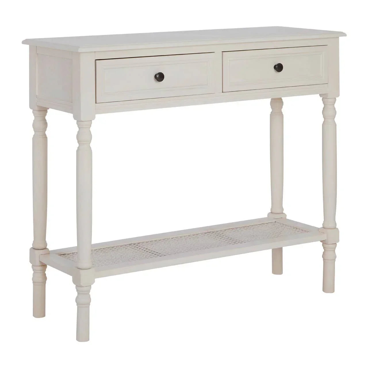 White console table with two drawers, turned legs, and lower rattan shelf