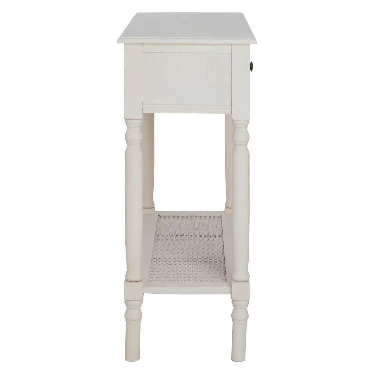 White wooden side table with turned legs and lower mesh shelf, viewed from the side