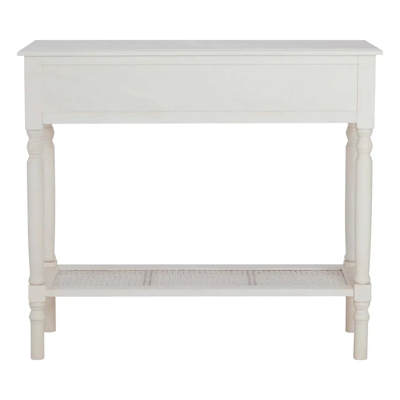 White console table with turned legs and lower cane shelf, front view