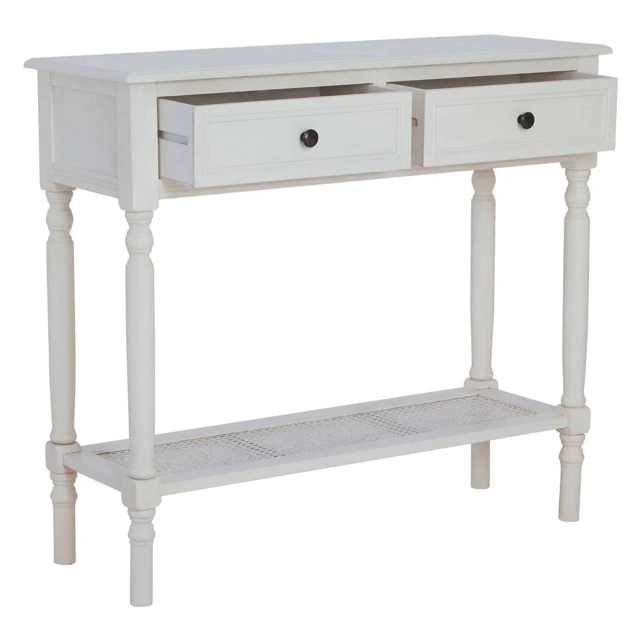 White console table with two drawers, black knobs, turned legs and lower shelf