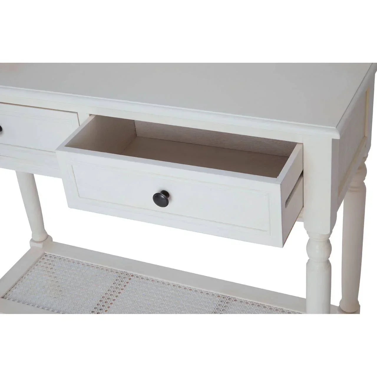 White wooden console table with open drawer and cane shelf detail
