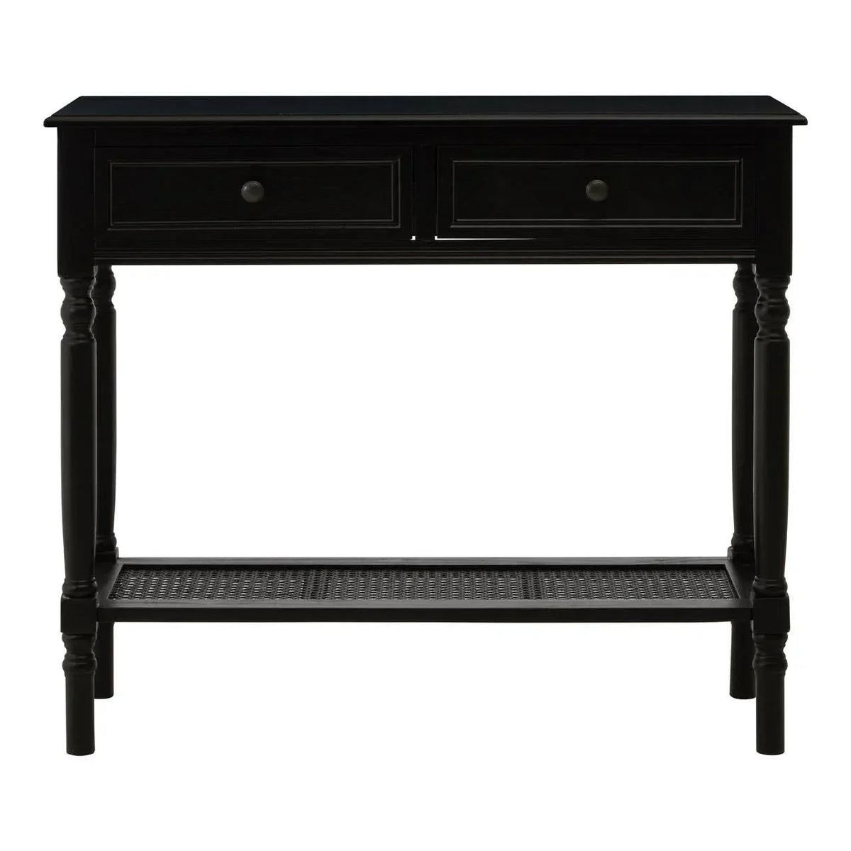Black console table with two drawers and lower shelf, turned legs, front view