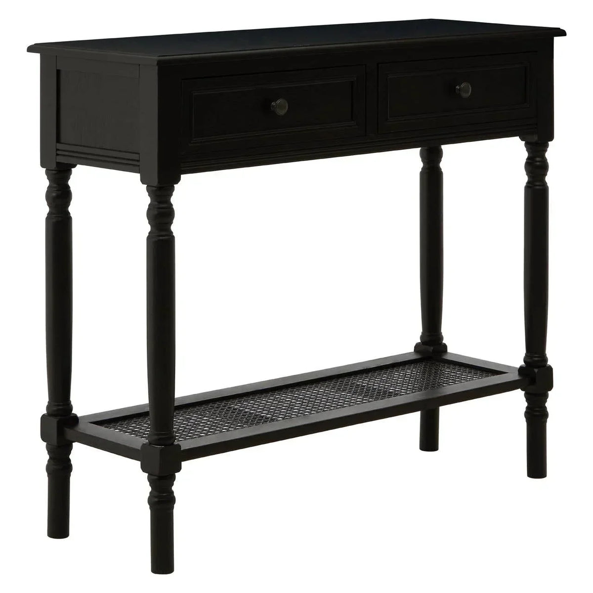 Black console table with two drawers and lower mesh shelf, turned wooden legs