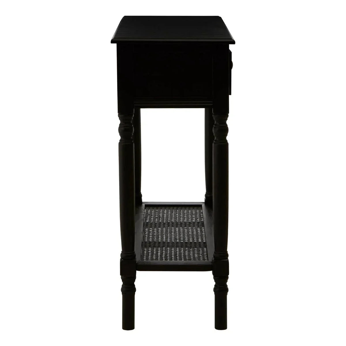 Black wooden console table side view with turned legs and mesh lower shelf