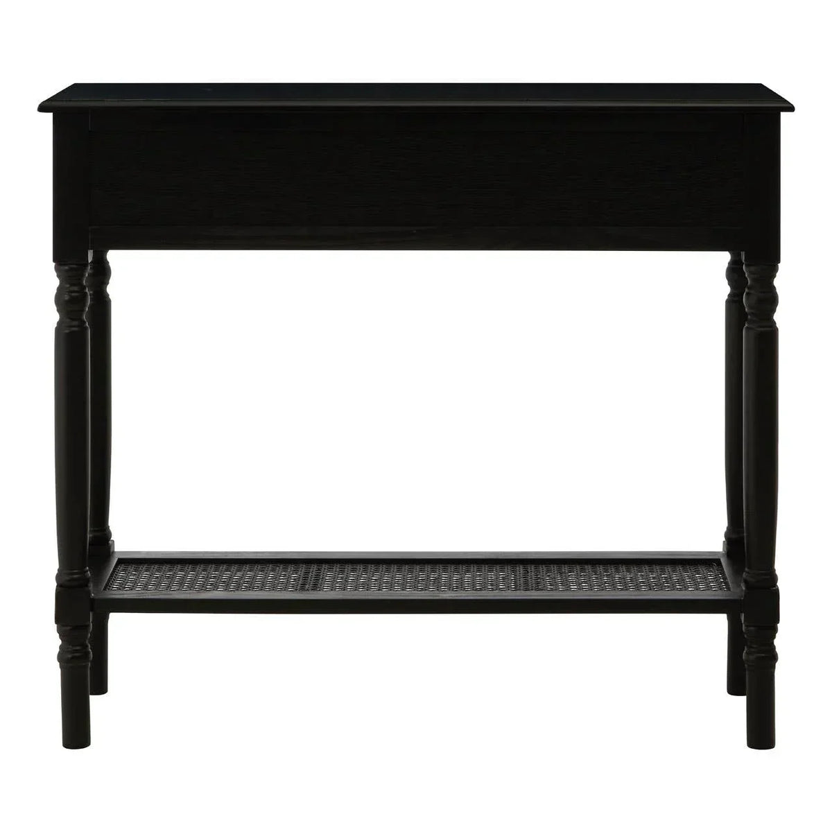 Black console table with turned legs and lower rattan shelf, front view
