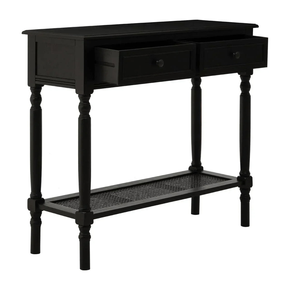 Black hallway console table with two drawers and slatted lower shelf