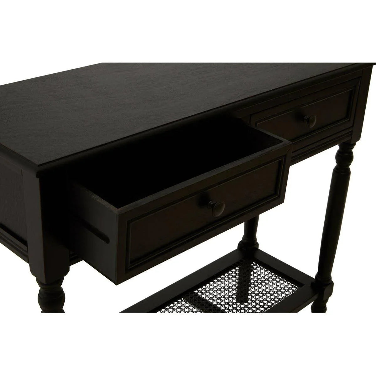 Black wooden console table with open drawer and lower mesh shelf