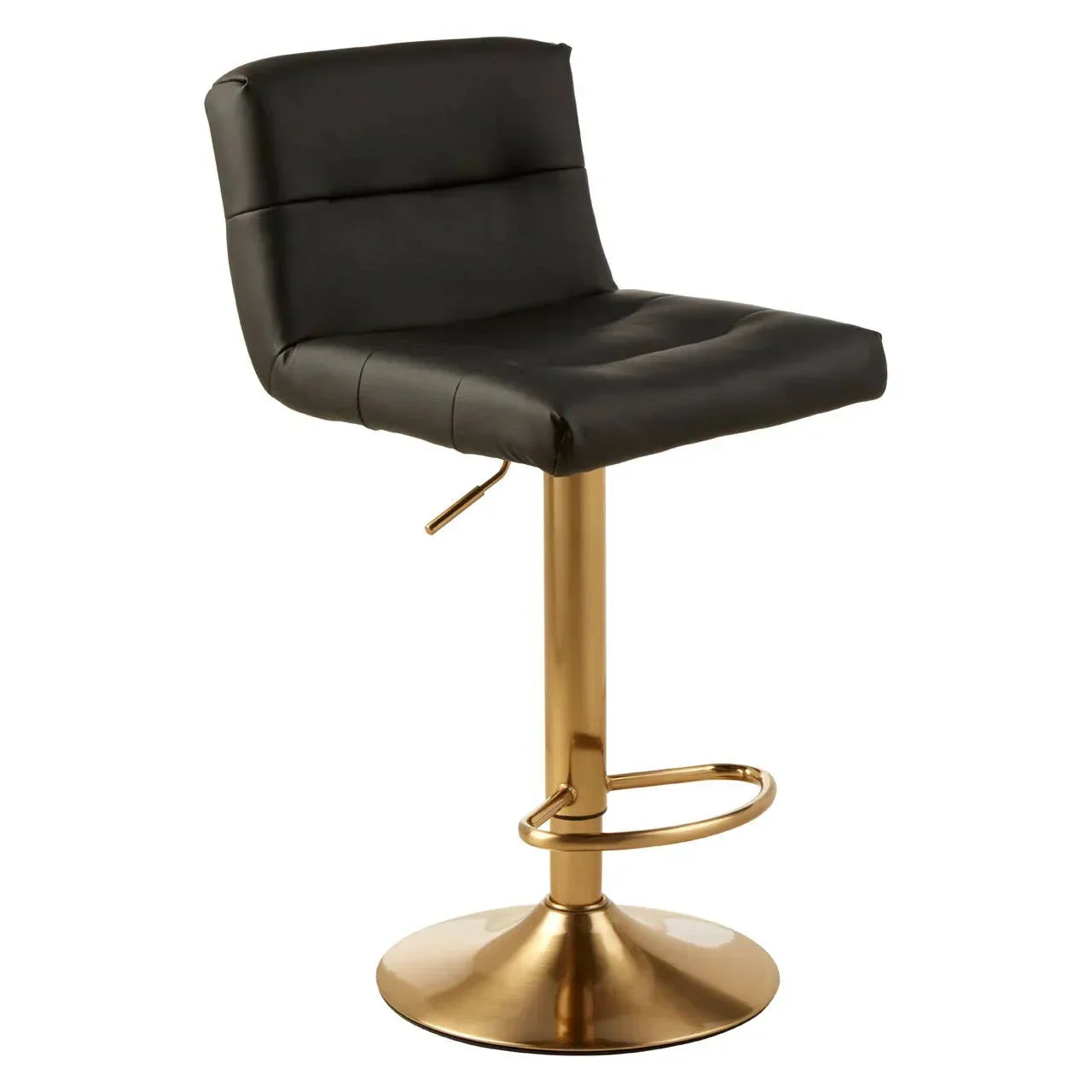 Black faux leather bar stool with gold metal base and footrest, side angle view