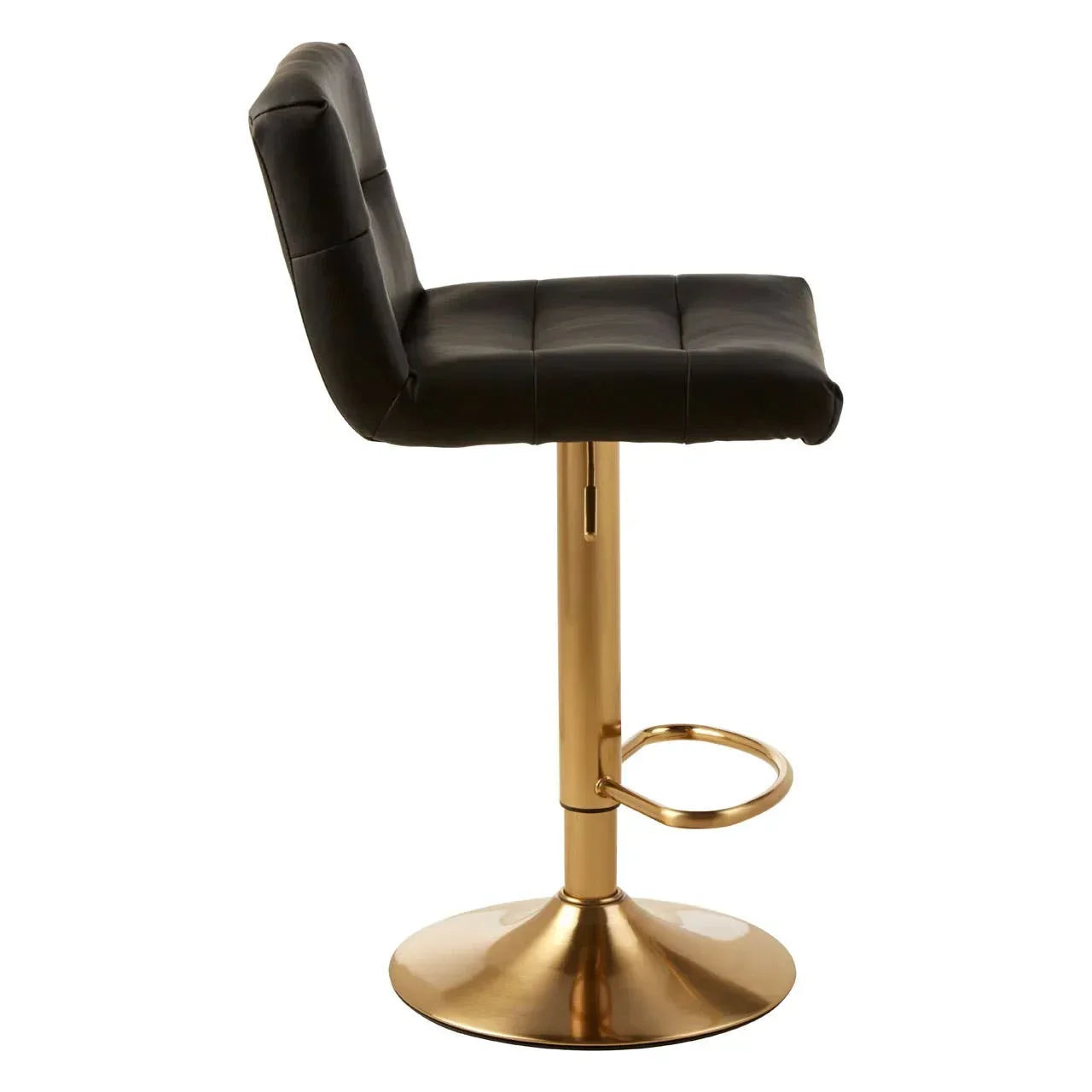 Black faux leather bar stool with gold metal base and footrest, side profile view