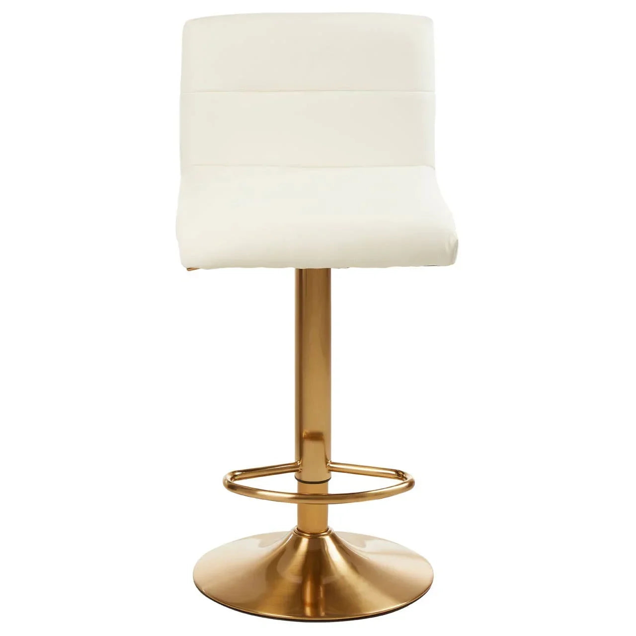 Cream bar stool with padded seat and gold metal base, front view