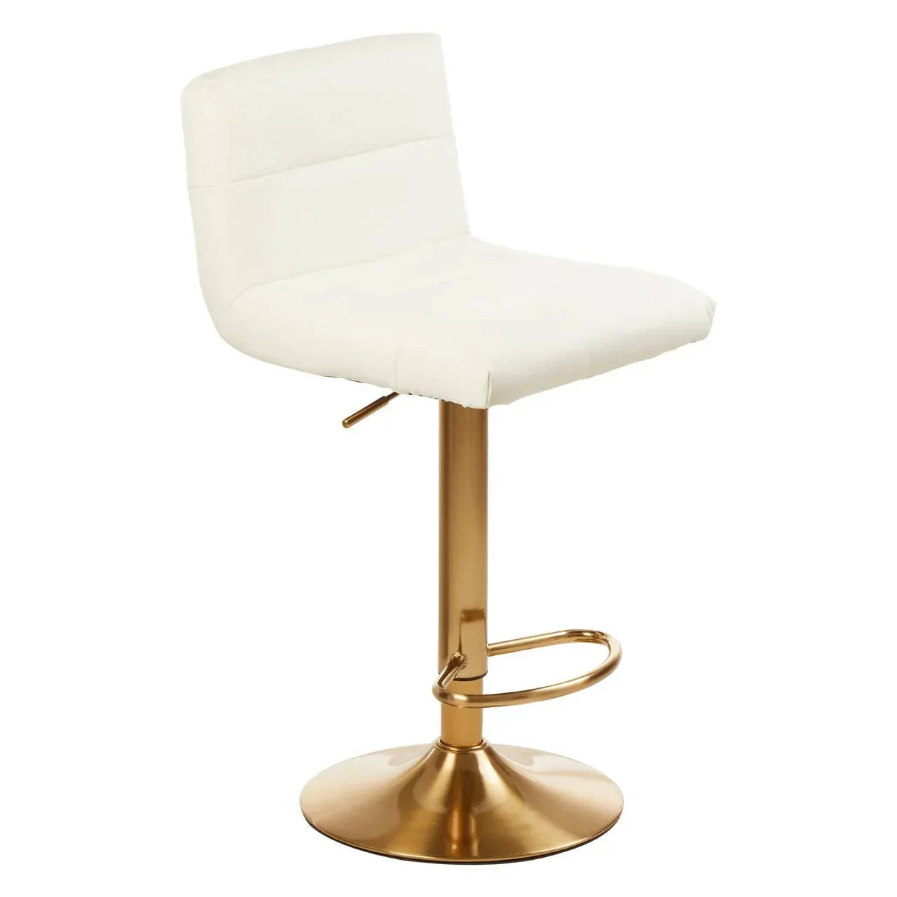 White bar stool with cushioned seat, gold metal base and footrest, side angle view