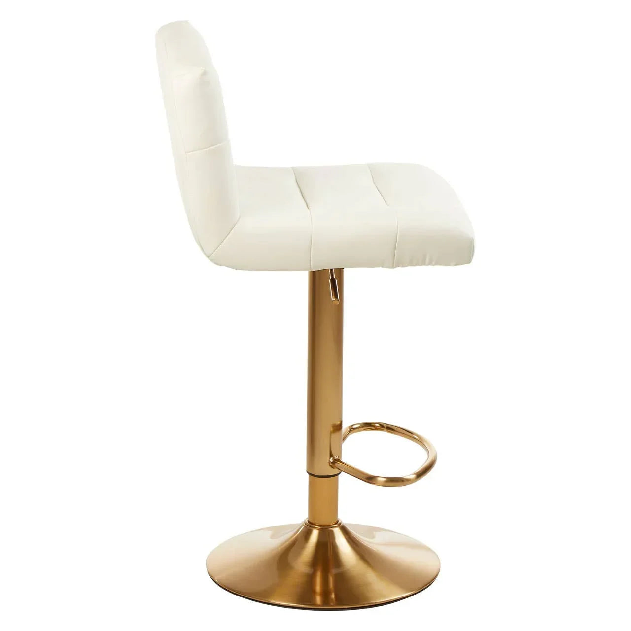 Cream bar stool with gold metal base and footrest, side profile view