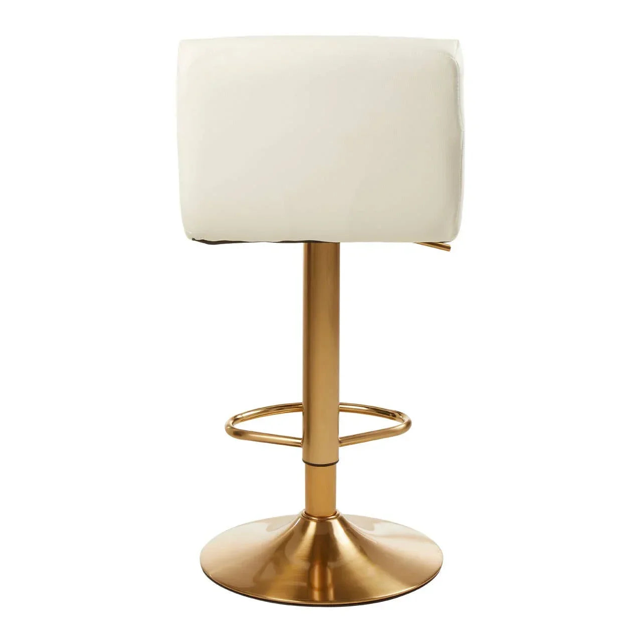 Cream bar stool with square backrest and gold metal base, rear view
