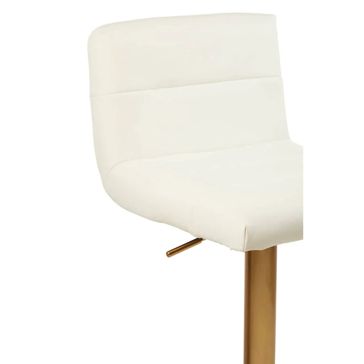 Cream bar stool with padded backrest and gold metal base, close side angle