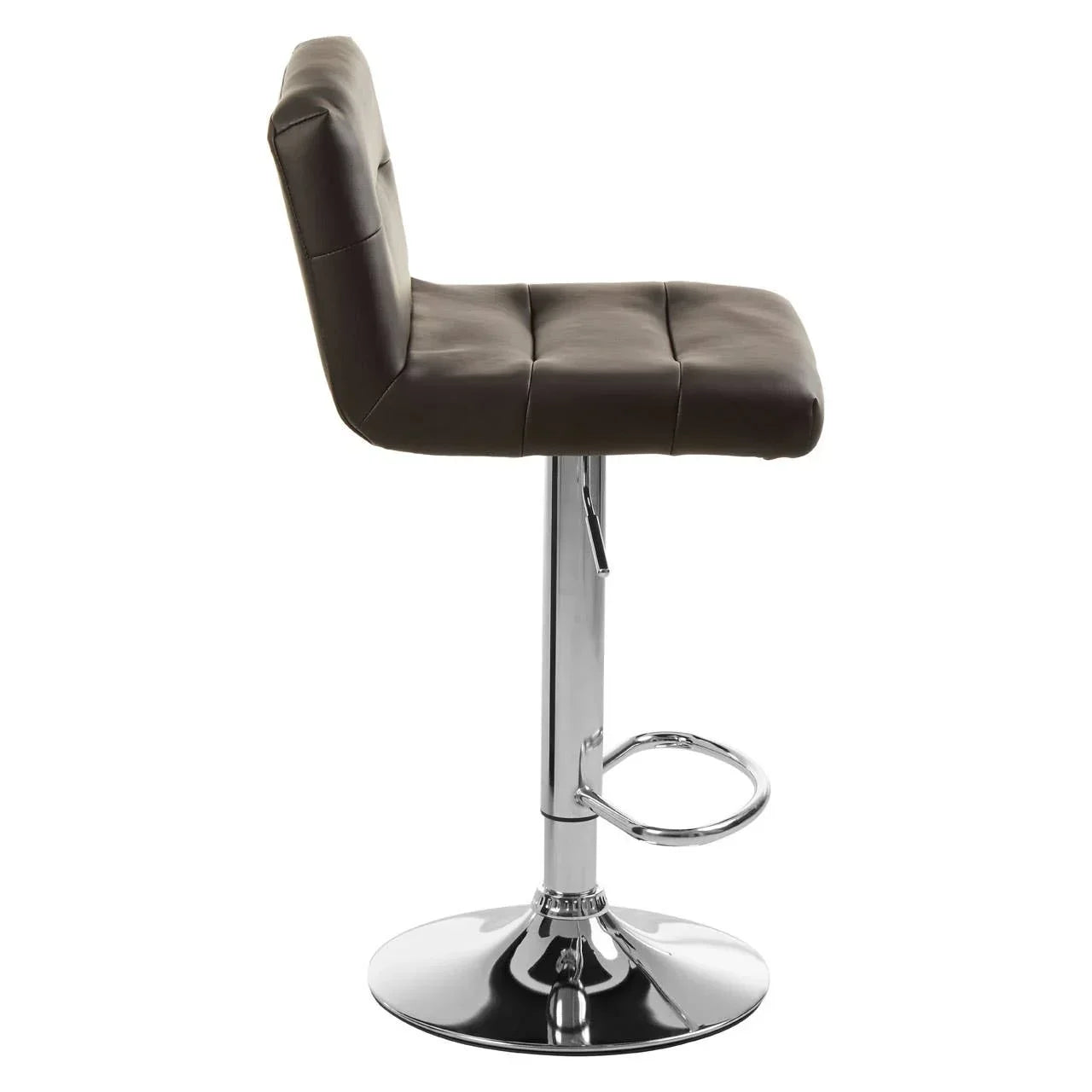 Brown leather bar stool with chrome pedestal base and footrest, side profile view