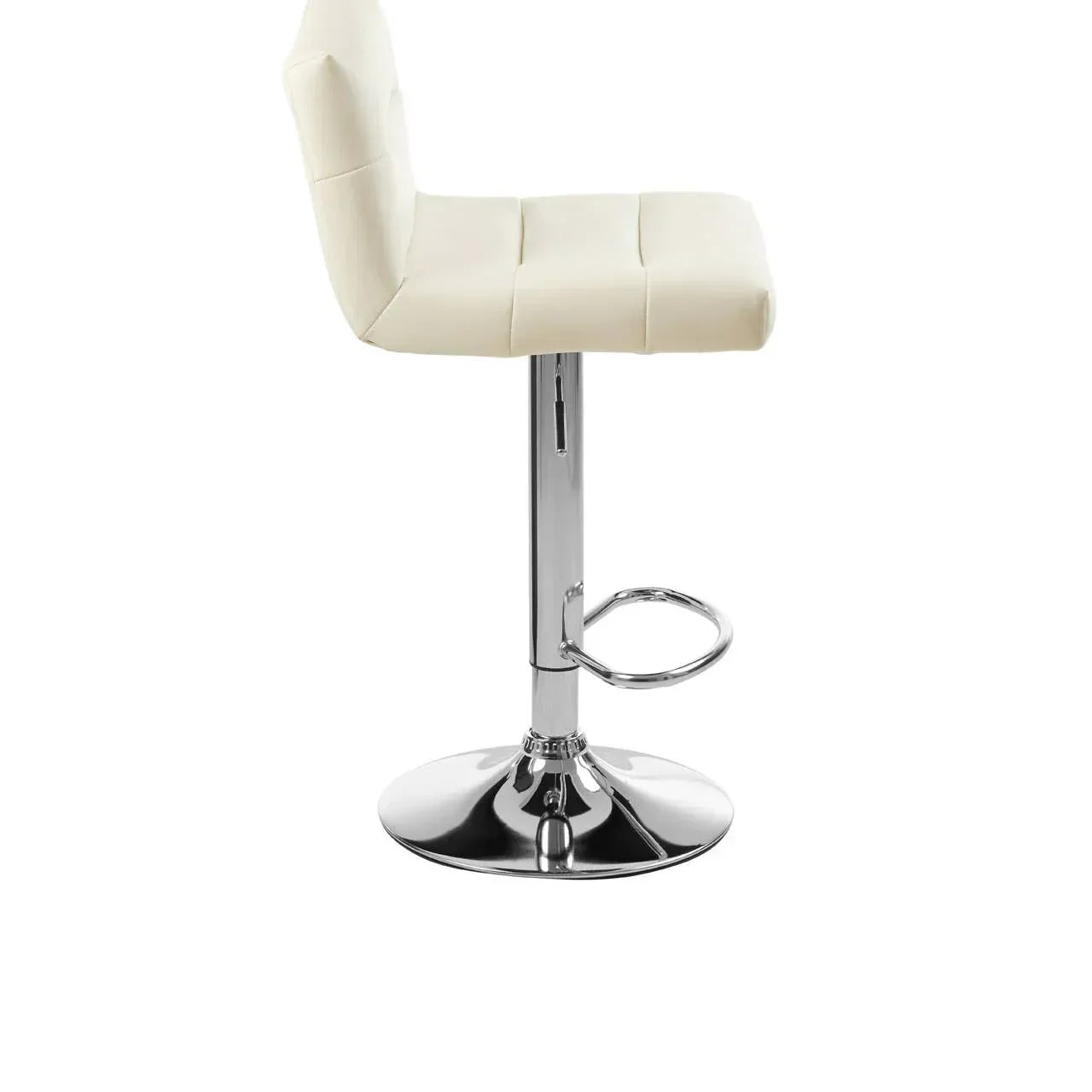 Cream faux leather bar stool with chrome base and footrest, side view