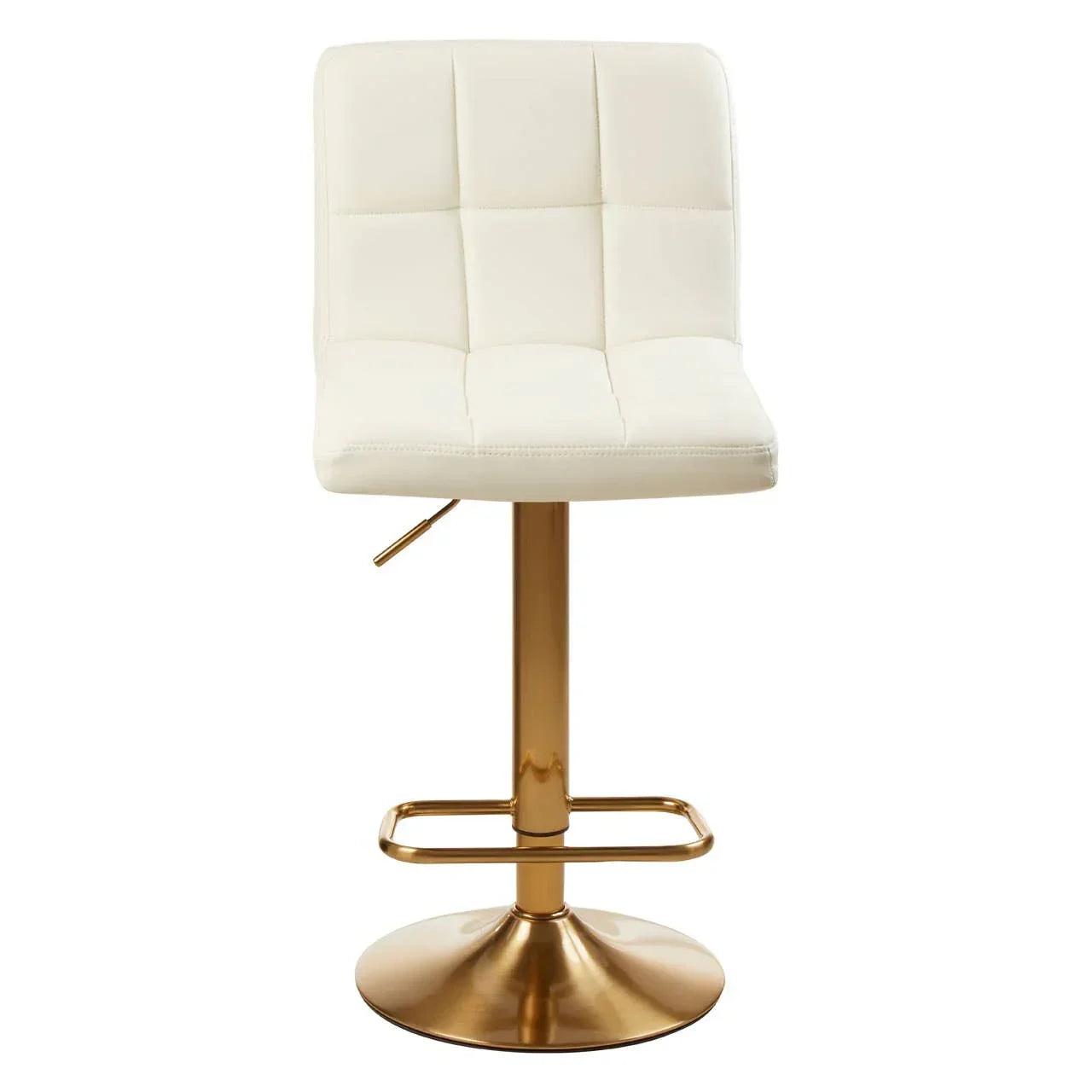 Cream bar stool with gold metal base and footrest, tufted seat and backrest, front view