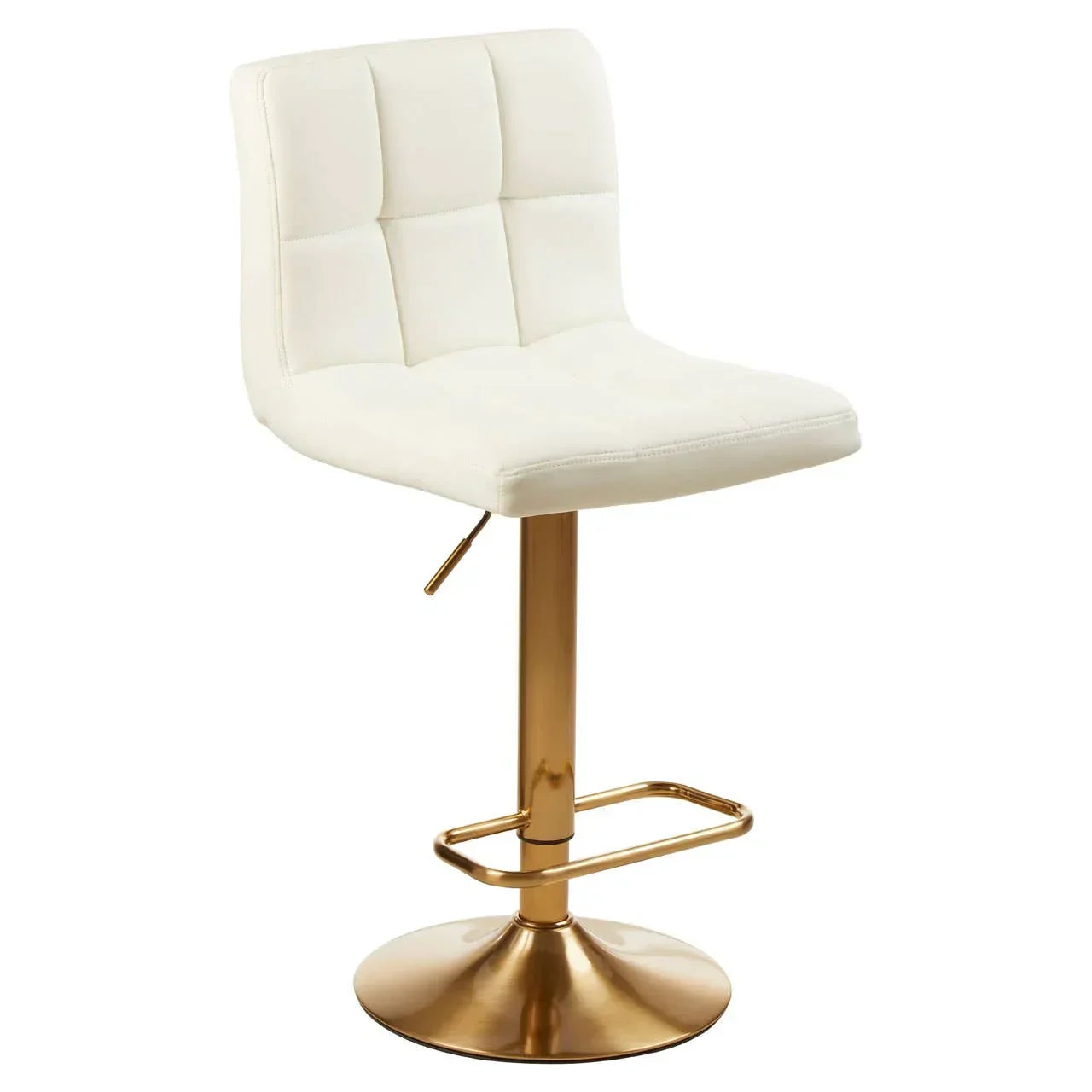 White faux leather bar stool with gold metal base and footrest, side angle view