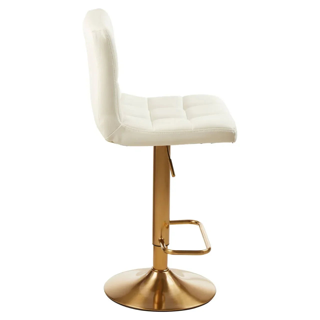 White upholstered bar stool with gold metal base and footrest, side profile view