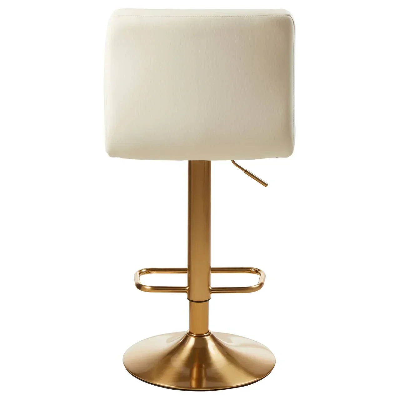 Cream bar stool with gold pedestal base and footrest, rear view