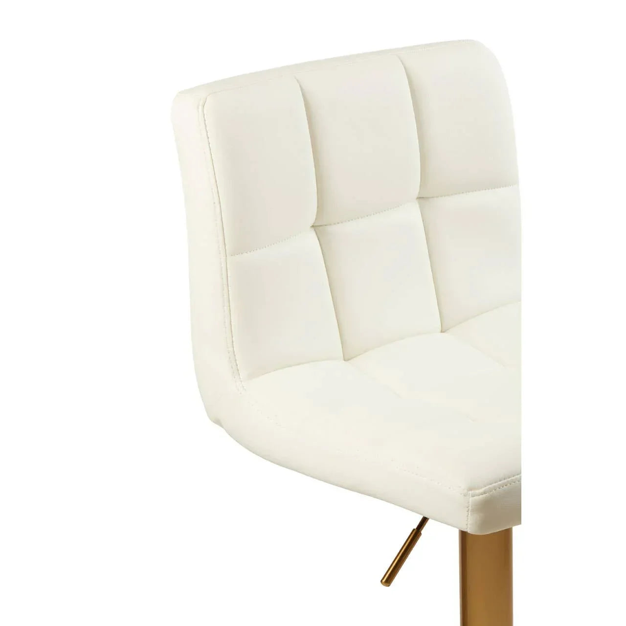 Cream bar stool with stitched faux leather seat and gold metal base, side angle view