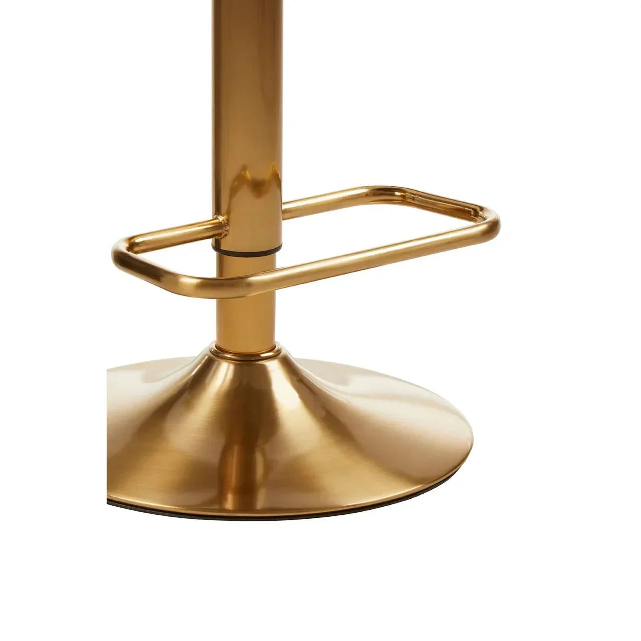 Gold metal bar stool base with round footrest and pedestal support on white background