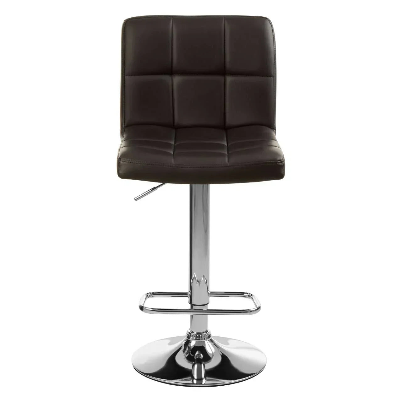 brown leather bar stool with chrome base and footrest, front view