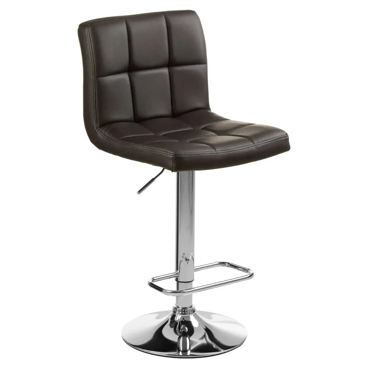 Brown leather bar stool with chrome base and footrest, adjustable height, side view