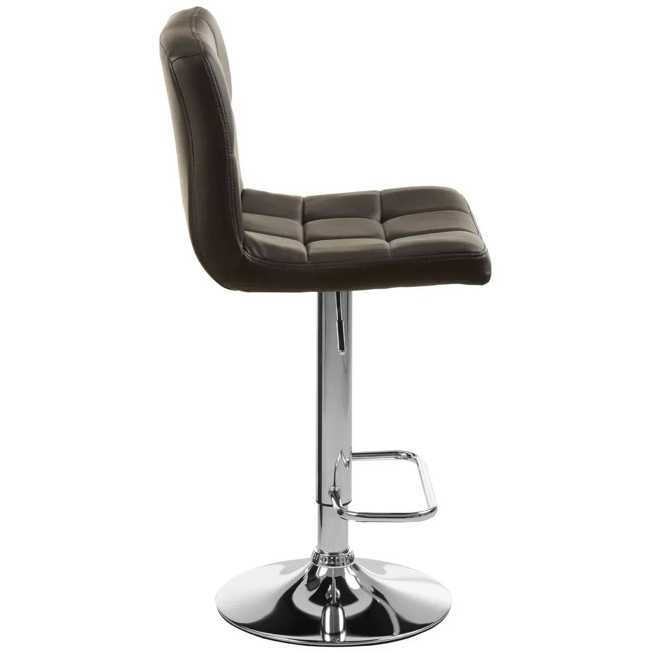 Brown leather bar stool with chrome base and footrest, side profile view