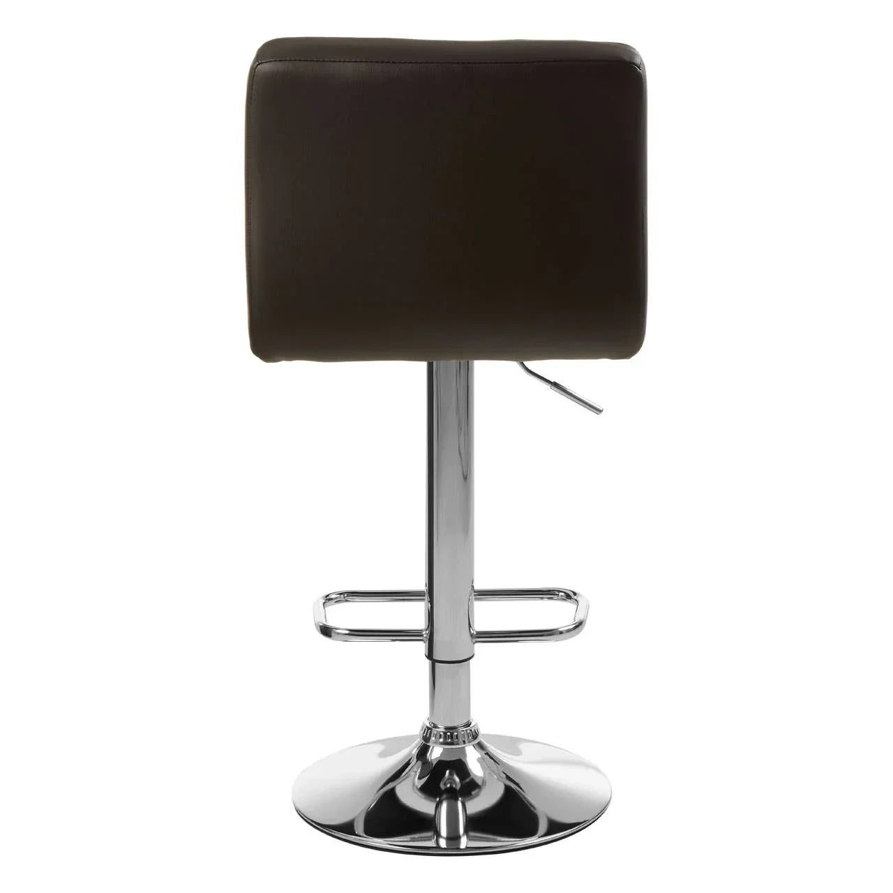 Back view of brown leather bar stool with chrome base and footrest