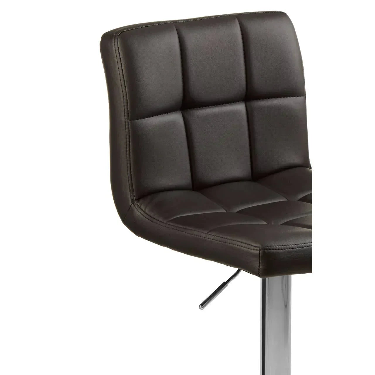 Close up of black faux leather bar stool seat with chrome base and stitched square pattern