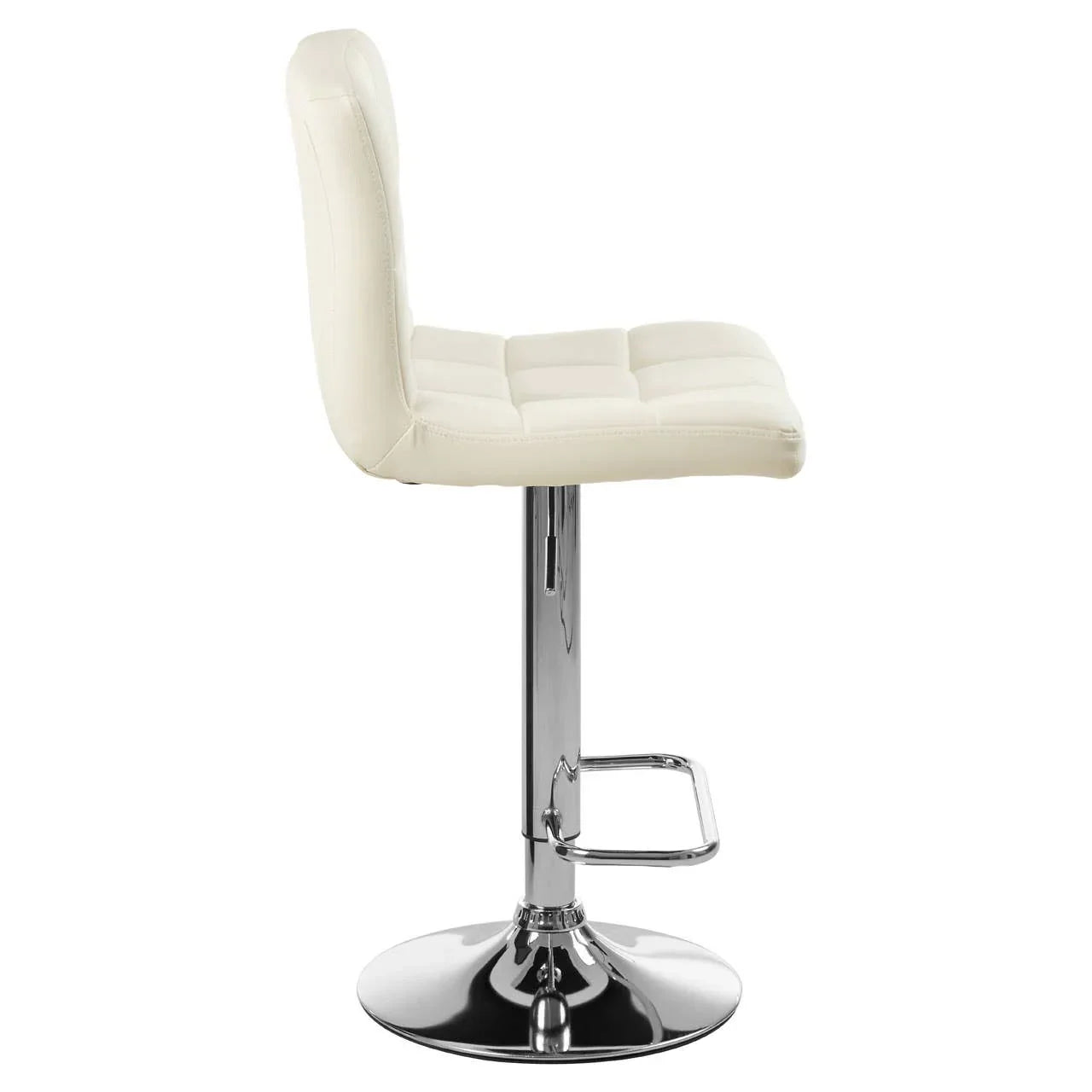 Cream bar stool with padded seat, chrome base and footrest, side profile view