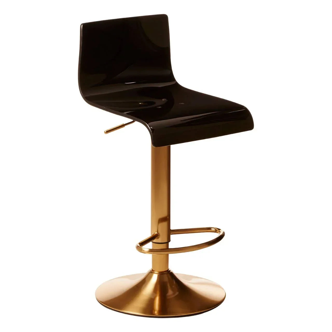 Black bar stool with gold metal base and footrest, side view on white background