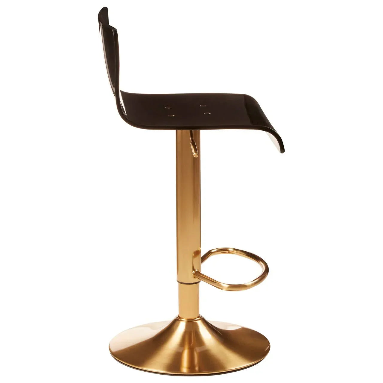 Black bar stool with gold metal base and footrest, side view