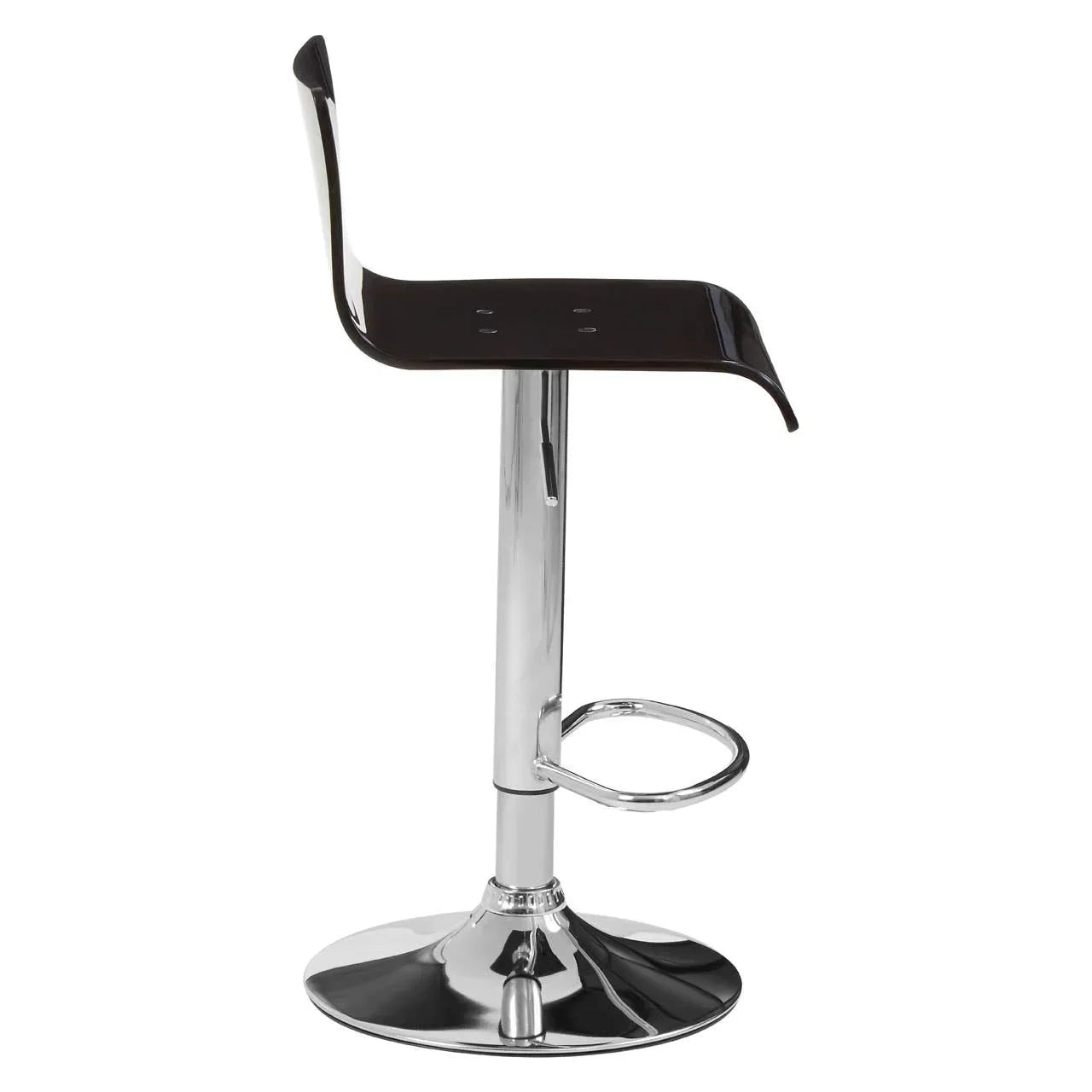 Modern bar stool with chrome base, black curved seat and built-in footrest, side view
