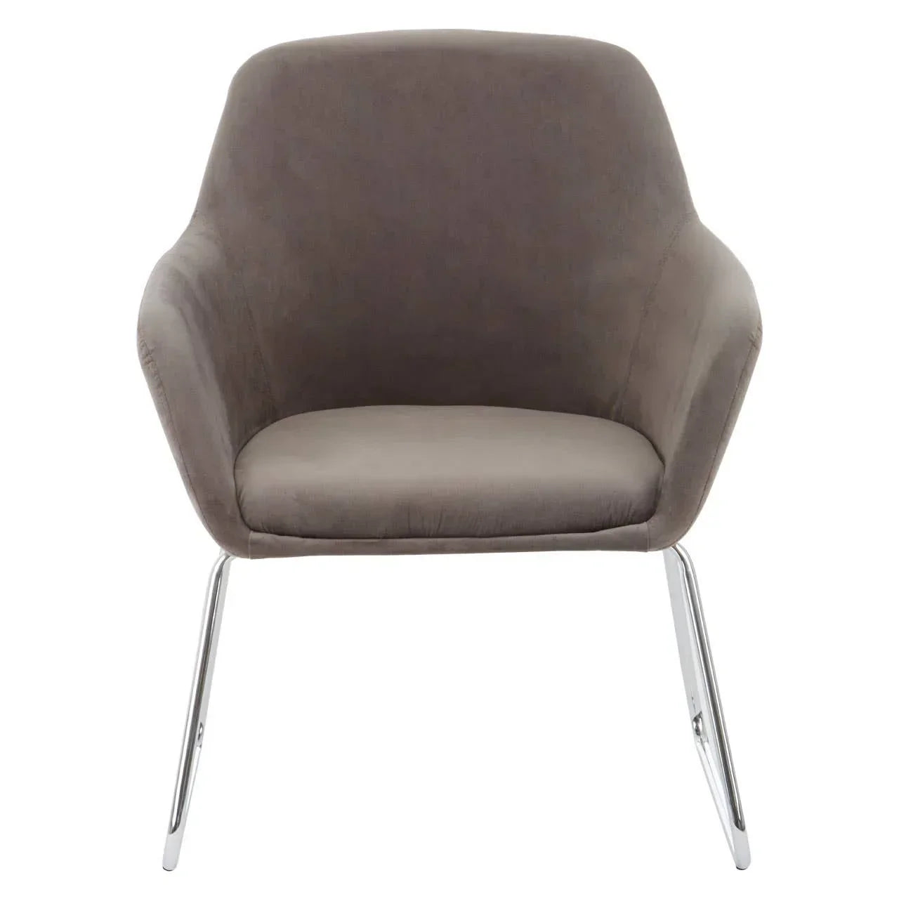 Grey accent armchair with chrome metal legs, front view