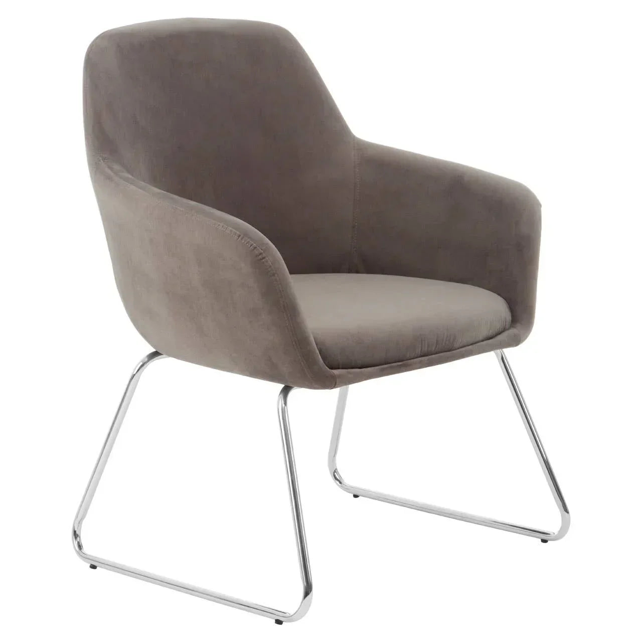 Grey velvet accent chair with chrome sled legs and curved armrests, front angled view