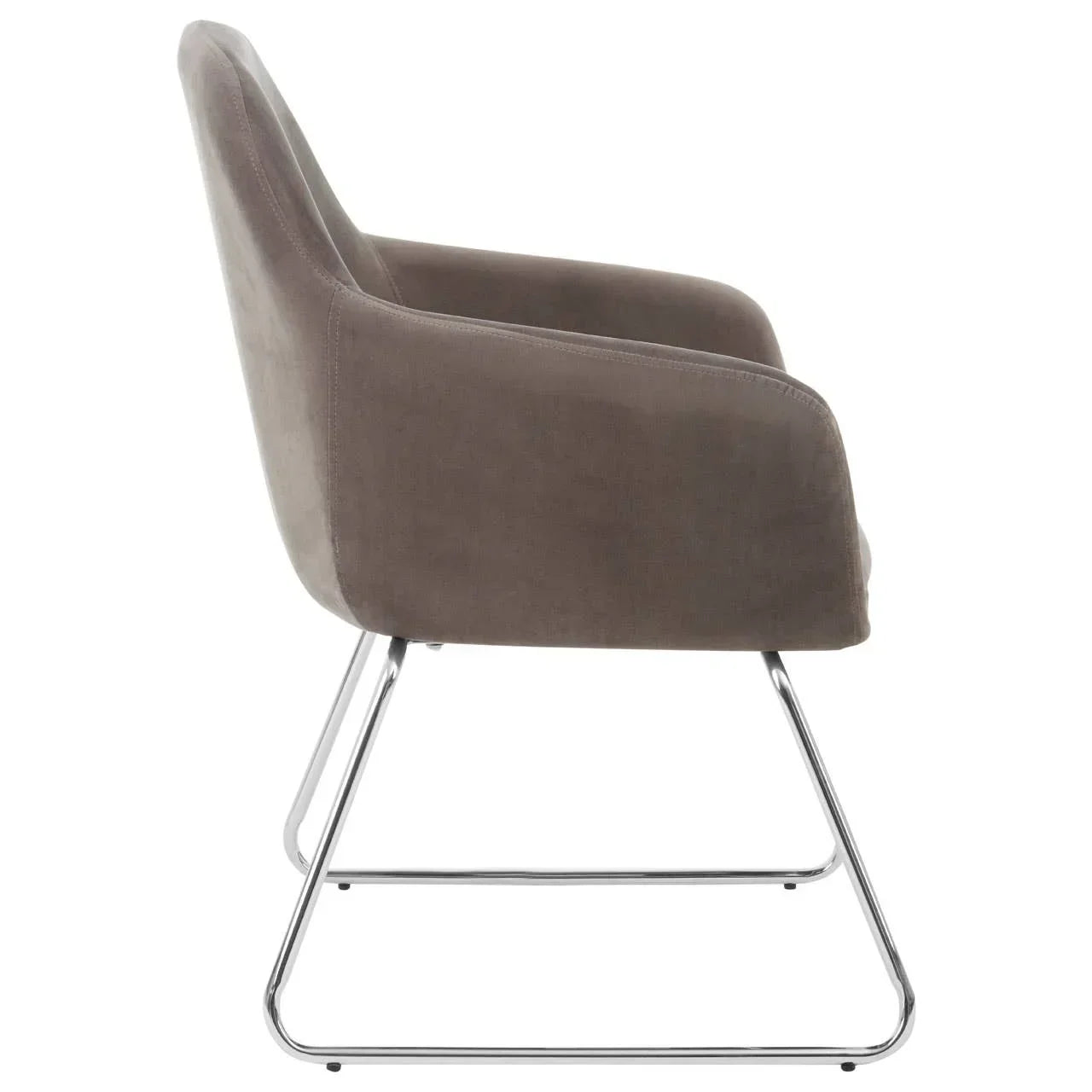 Side view of grey velvet dining chair with chrome sled base